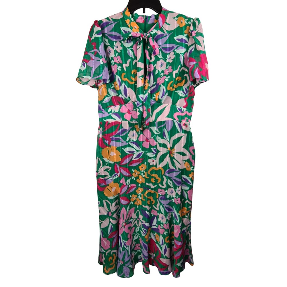 Maggy London Green Pink Floral Tie Neck Midi Dress Womens Size 8 Modest‎ Lined